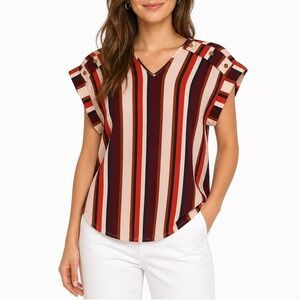 Speed Limit MPH Womens V-Neck Striped Blouse Rust Burgundy Button Shoulder L